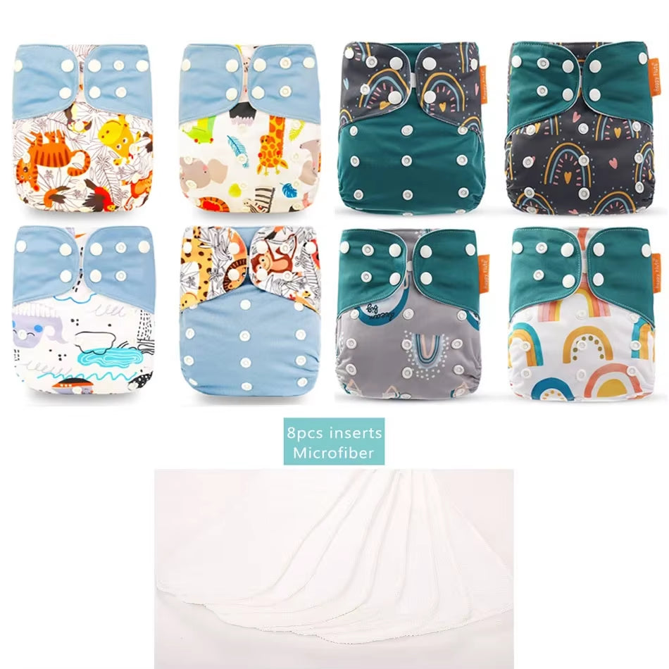 8 Diapers+8 Inserts Baby Cloth Diapers One Size Adjustable Washable Reusable Cloth Nappy for Baby Girls and Boys