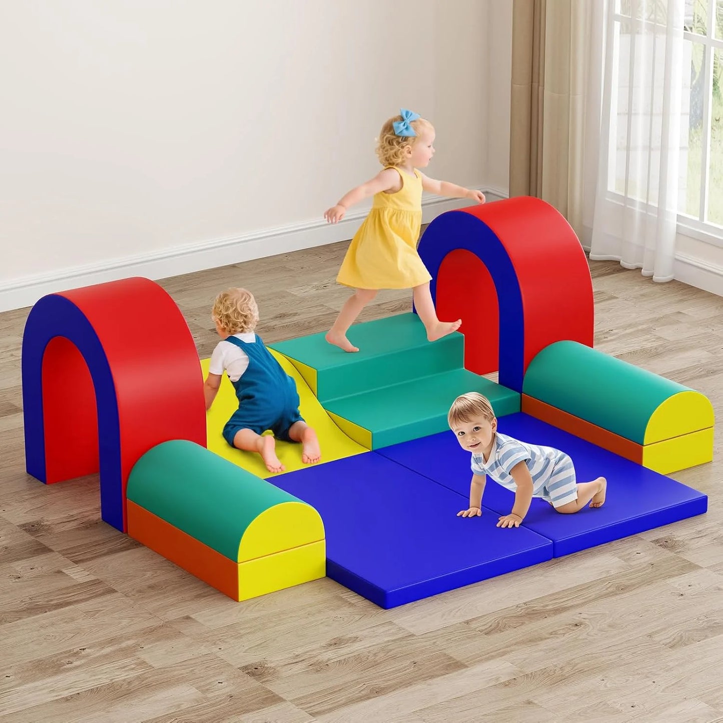 Indoor Toddler Climbing Toy Set, 10-Piece Soft Foam Block Play Gym with PU Leather for Children Aged 1 Year and Up