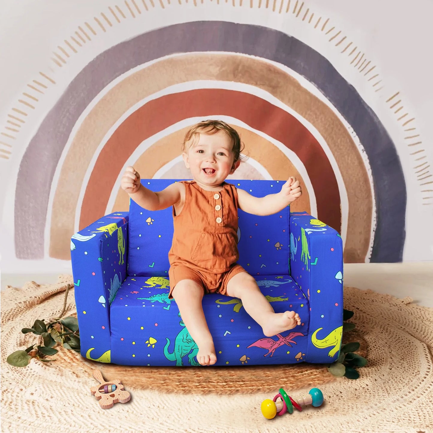 2-in-1 Dinosaur Flip Open Toddler Sofa with Side Pocket, Suitable for Ages 18 Months and Up