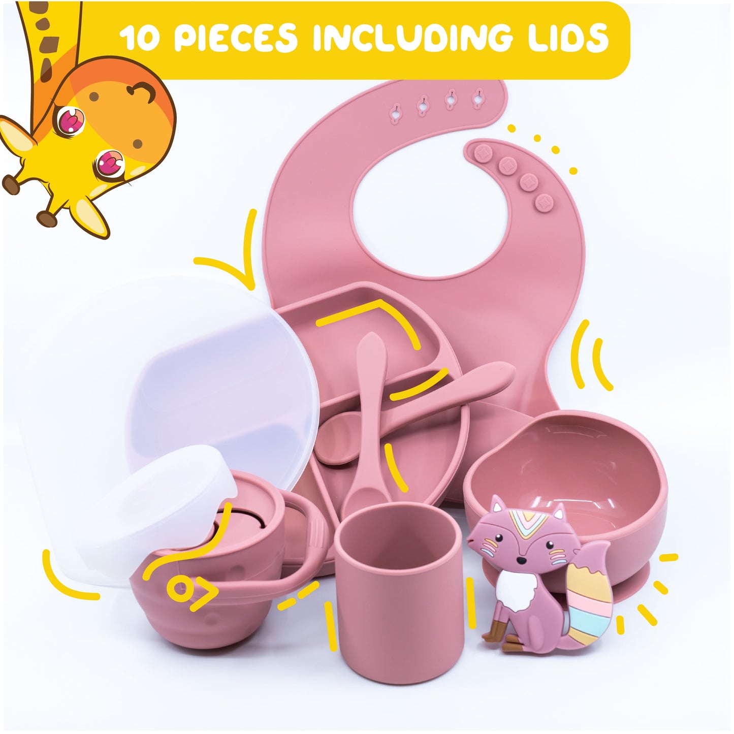 Turkish Pink Silicone Baby and Toddler Self-Eating Food Plates Set with Utensils (8 Piece Set)