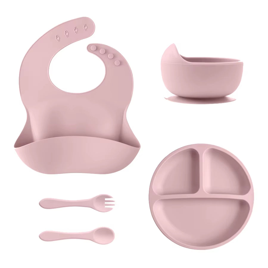 5Pcs Baby Silicone Feeding Set round Dining Plate Sucker Bowl Dishes for Kids Waterproof Bib Children'S Tableware Straw Cup
