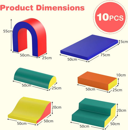 Indoor Toddler Climbing Toy Set, 10-Piece Soft Foam Block Play Gym with PU Leather for Children Aged 1 Year and Up