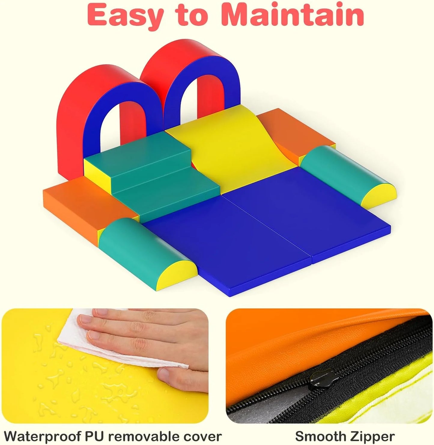 Indoor Toddler Climbing Toy Set, 10-Piece Soft Foam Block Play Gym with PU Leather for Children Aged 1 Year and Up