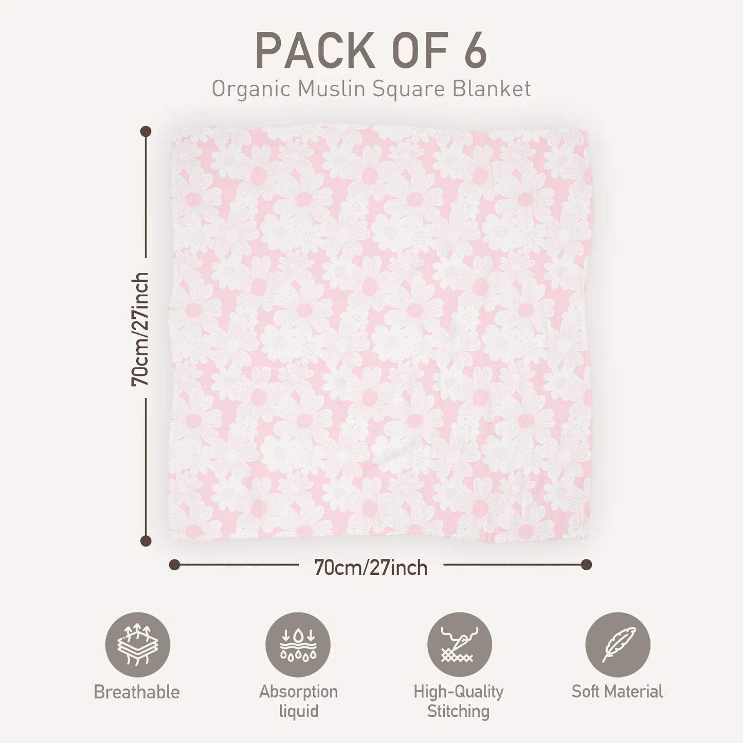 Muslin Swaddle Blankets 6-Pack Organic Cotton Blankets for Newborn Infant Girls Boys, 28 X 28", Rosebud