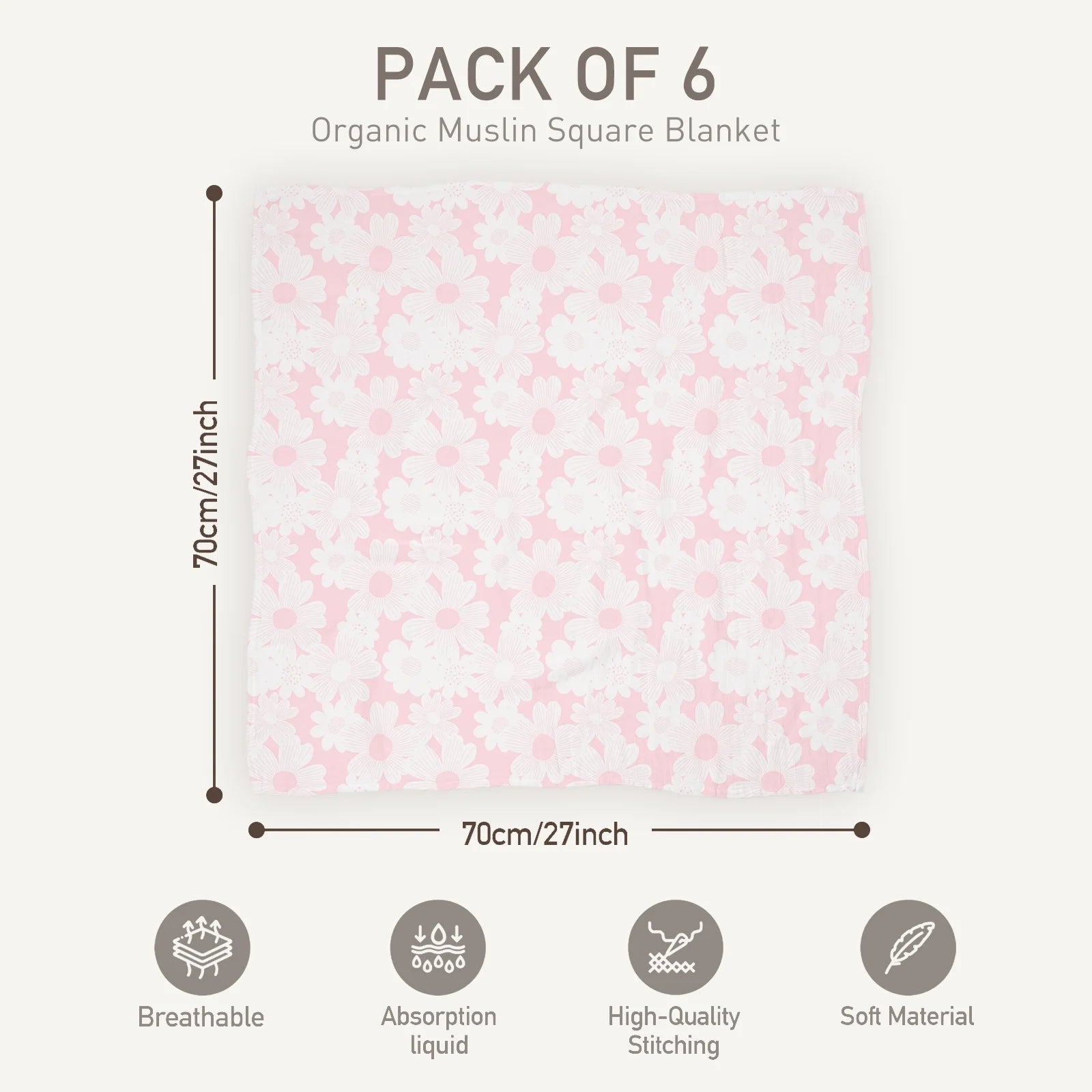 Muslin Swaddle Blankets 6-Pack Organic Cotton Blankets for Newborn Infant Girls Boys, 28 X 28", Rosebud