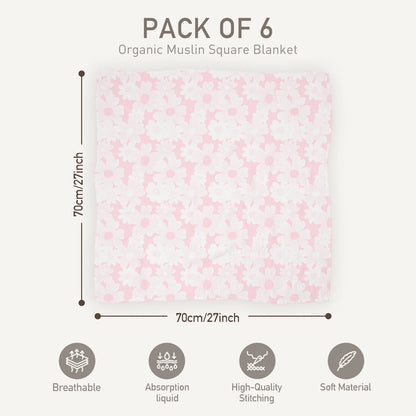 Muslin Swaddle Blankets 6-Pack Organic Cotton Blankets for Newborn Infant Girls Boys, 28 X 28", Rosebud