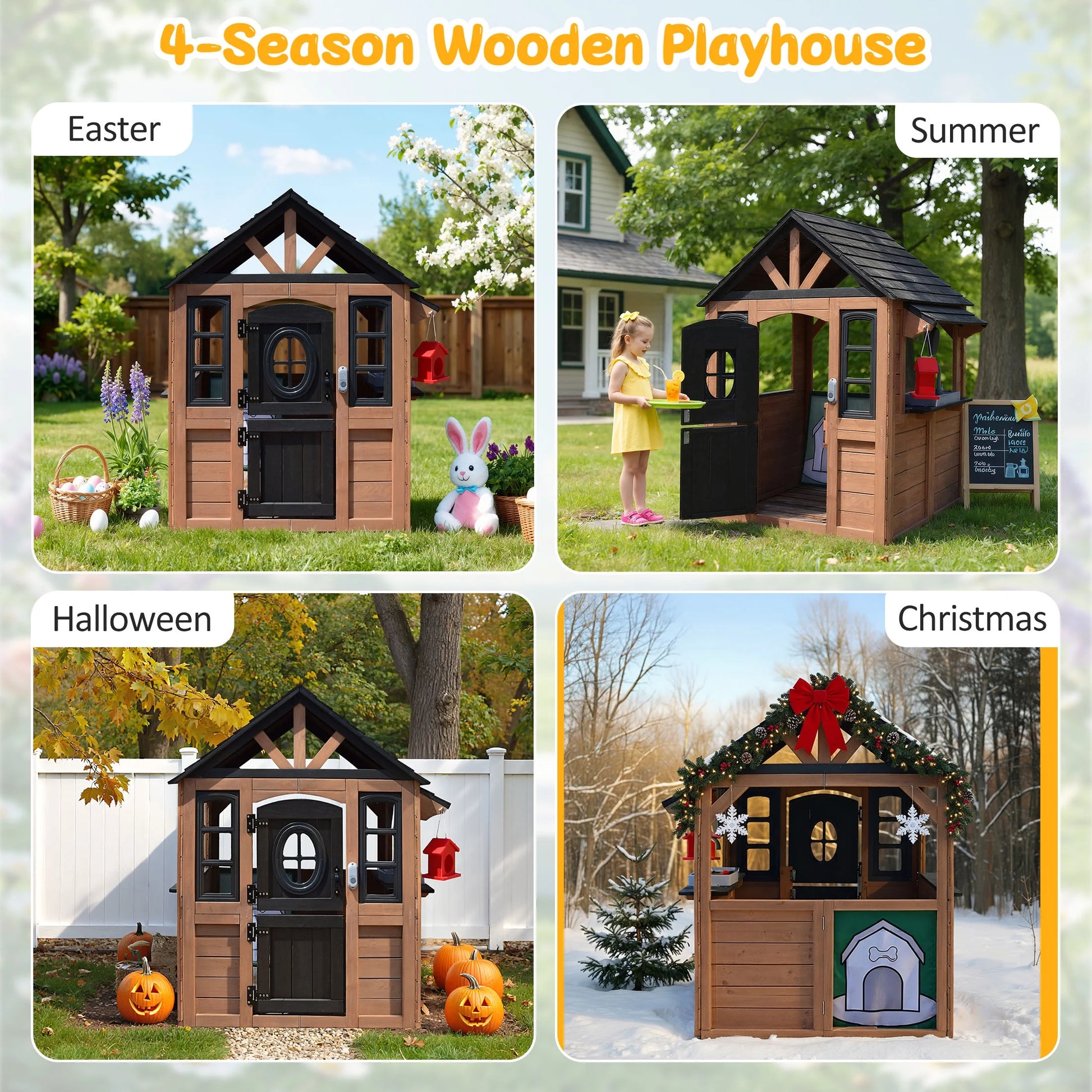 Kids Outdoor Playhouse, Wooden Playhouse with Play Kitchen, Working Doorbell, Bird Cage, Pet Door, Backyard Casa De Campaña Para Niños Country Style