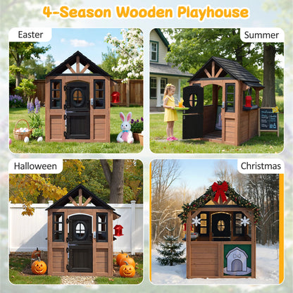 Kids Outdoor Playhouse, Wooden Playhouse with Play Kitchen, Working Doorbell, Bird Cage, Pet Door, Backyard Casa De Campaña Para Niños Country Style