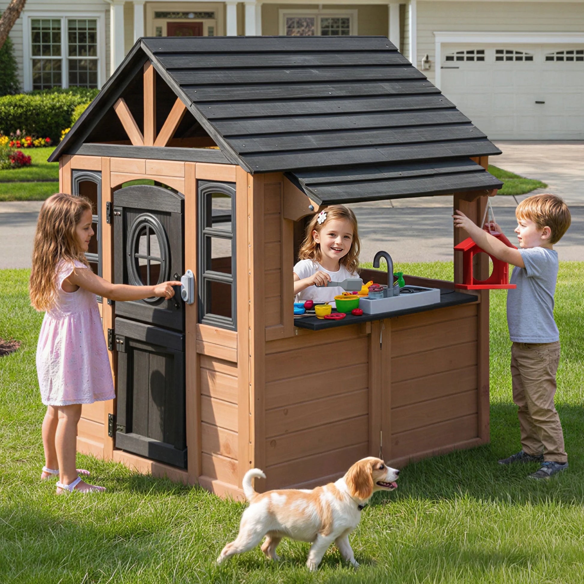 Kids Outdoor Playhouse, Wooden Playhouse with Play Kitchen, Working Doorbell, Bird Cage, Pet Door, Backyard Casa De Campaña Para Niños Country Style