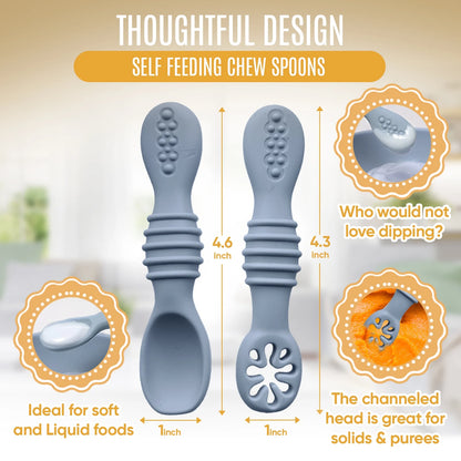 4Pc Silicone Baby Utensils Set, Self-Feeding Spoons & Fork for 6-12 Months, Toddler Essentials (Grey/Beige)