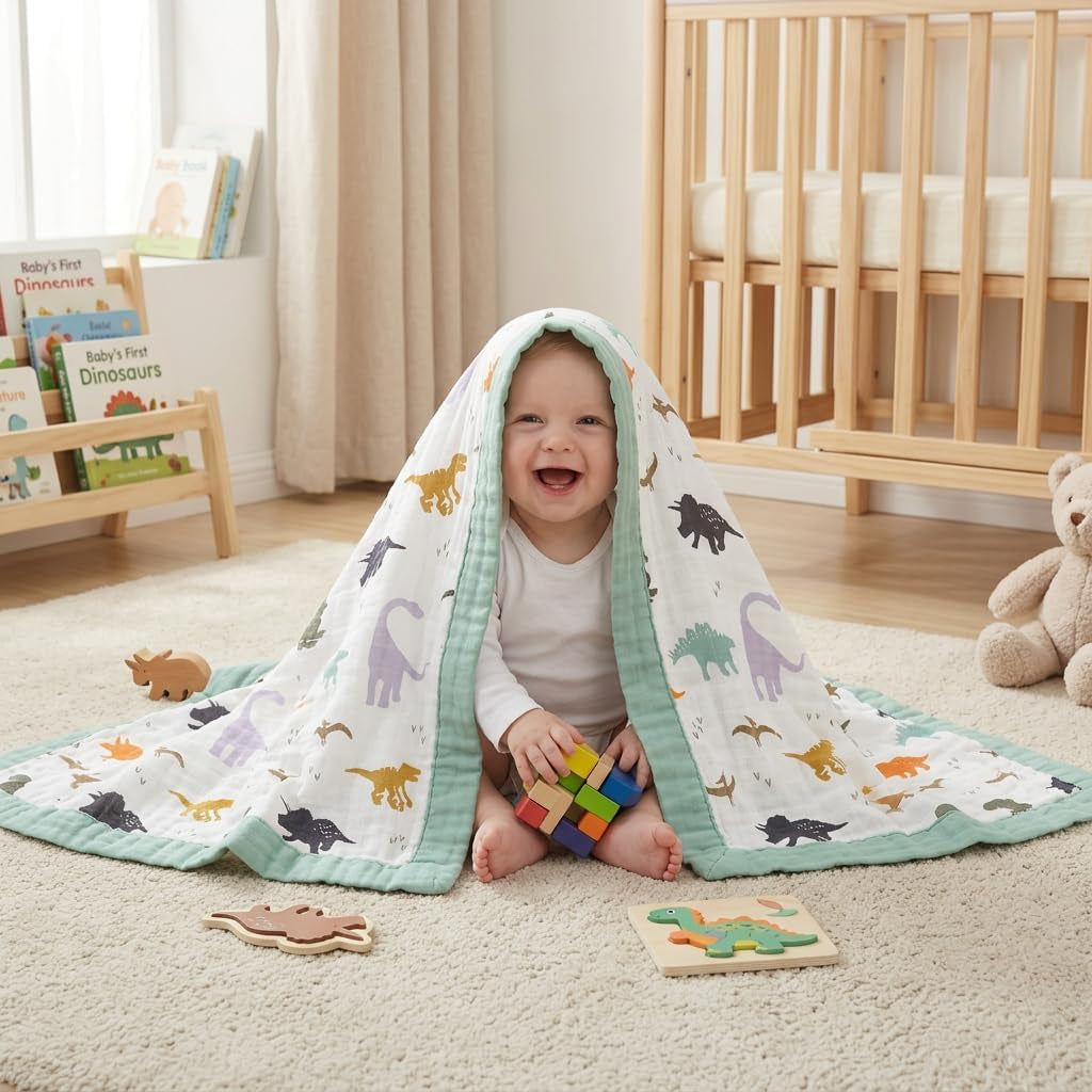 Dinosaur Muslin Blanket Baby Quilt - Silky Soft and Breathable Crib Blanket for Daycare - Large 47" X 47" - 2 Layers Toddler Summer Blankets for Boys (Dinosaur)