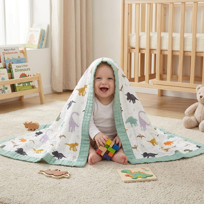 Dinosaur Muslin Blanket Baby Quilt - Silky Soft and Breathable Crib Blanket for Daycare - Large 47" X 47" - 2 Layers Toddler Summer Blankets for Boys (Dinosaur)