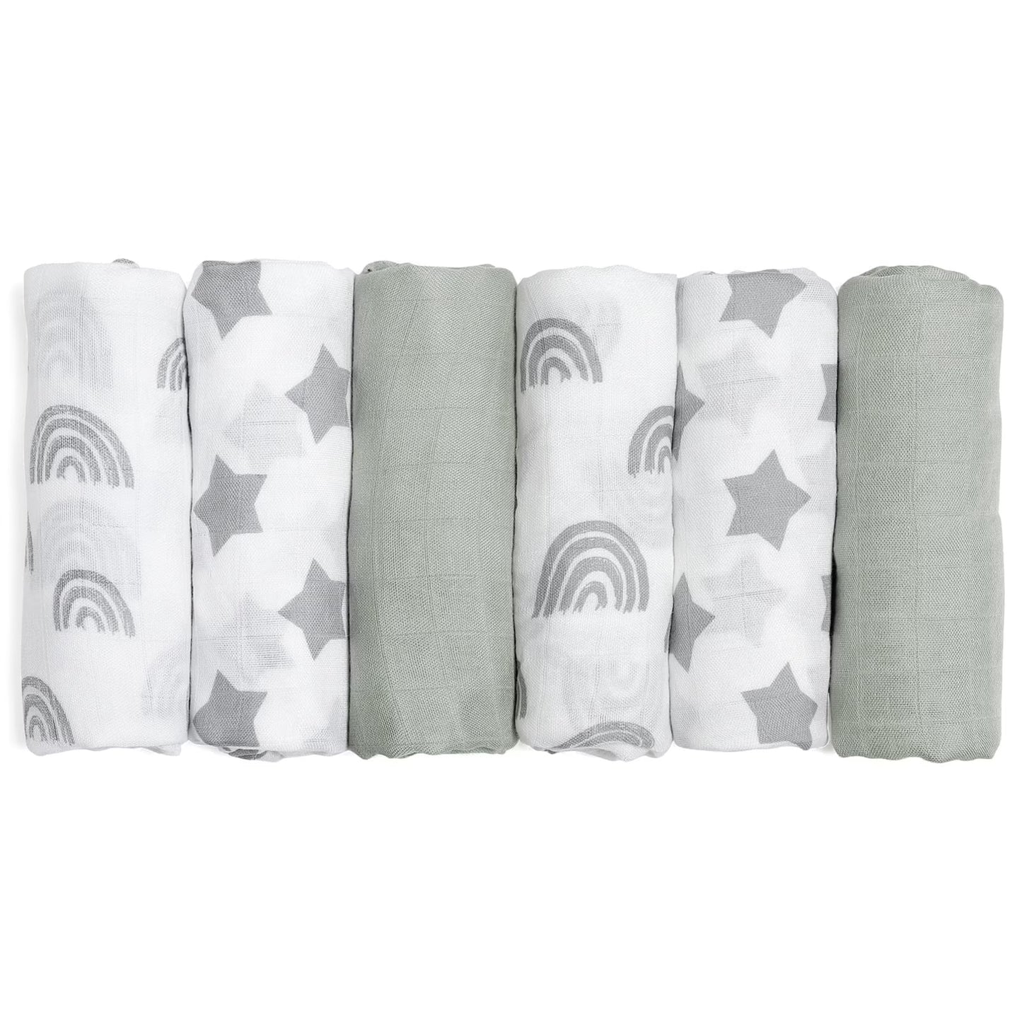Muslin Organic Cotton Swaddle Blankets 6-Pack for Newborn Infant Boys Girls 27 X 27", Grey Star