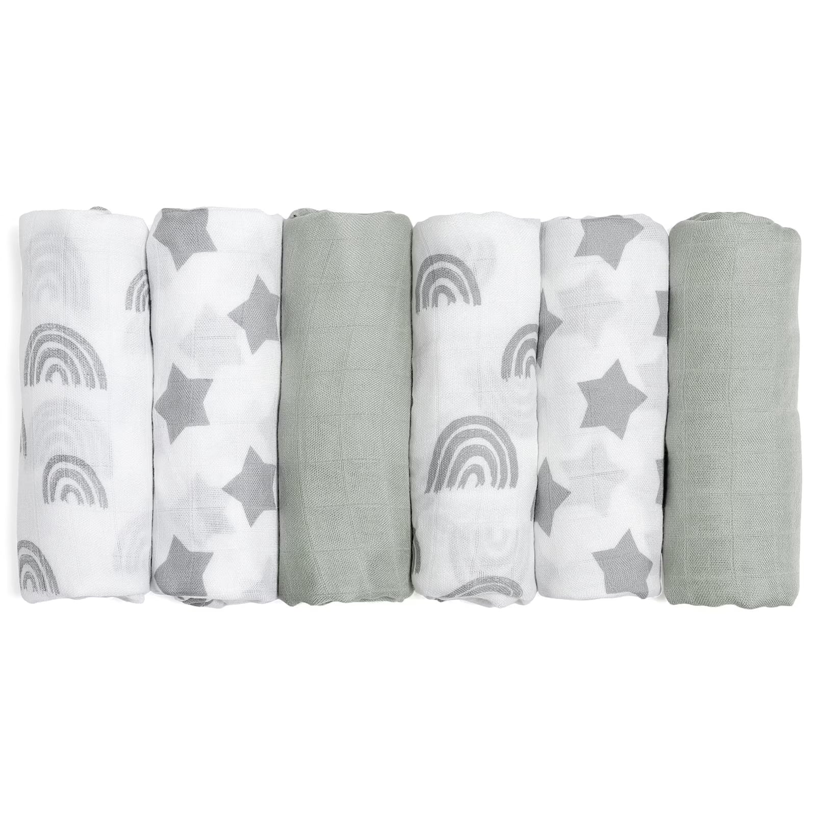 Muslin Organic Cotton Swaddle Blankets 6-Pack for Newborn Infant Boys Girls 27 X 27", Grey Star