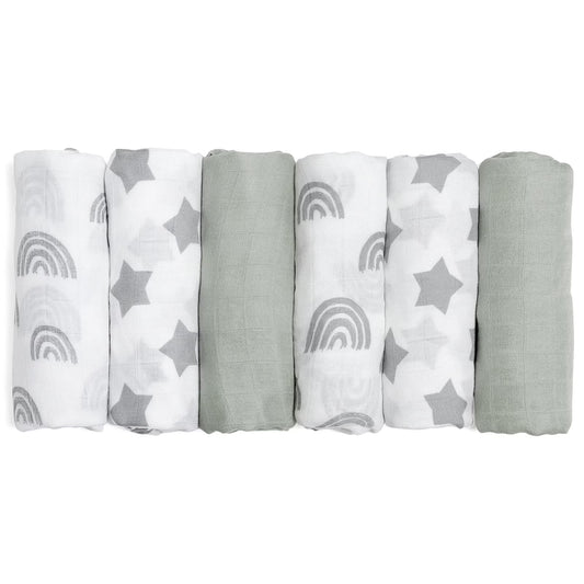 Muslin Organic Cotton Swaddle Blankets 6-Pack for Newborn Infant Boys Girls 27 X 27", Grey Star