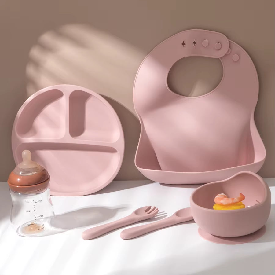 5Pcs Baby Silicone Feeding Set round Dining Plate Sucker Bowl Dishes for Kids Waterproof Bib Children'S Tableware Straw Cup