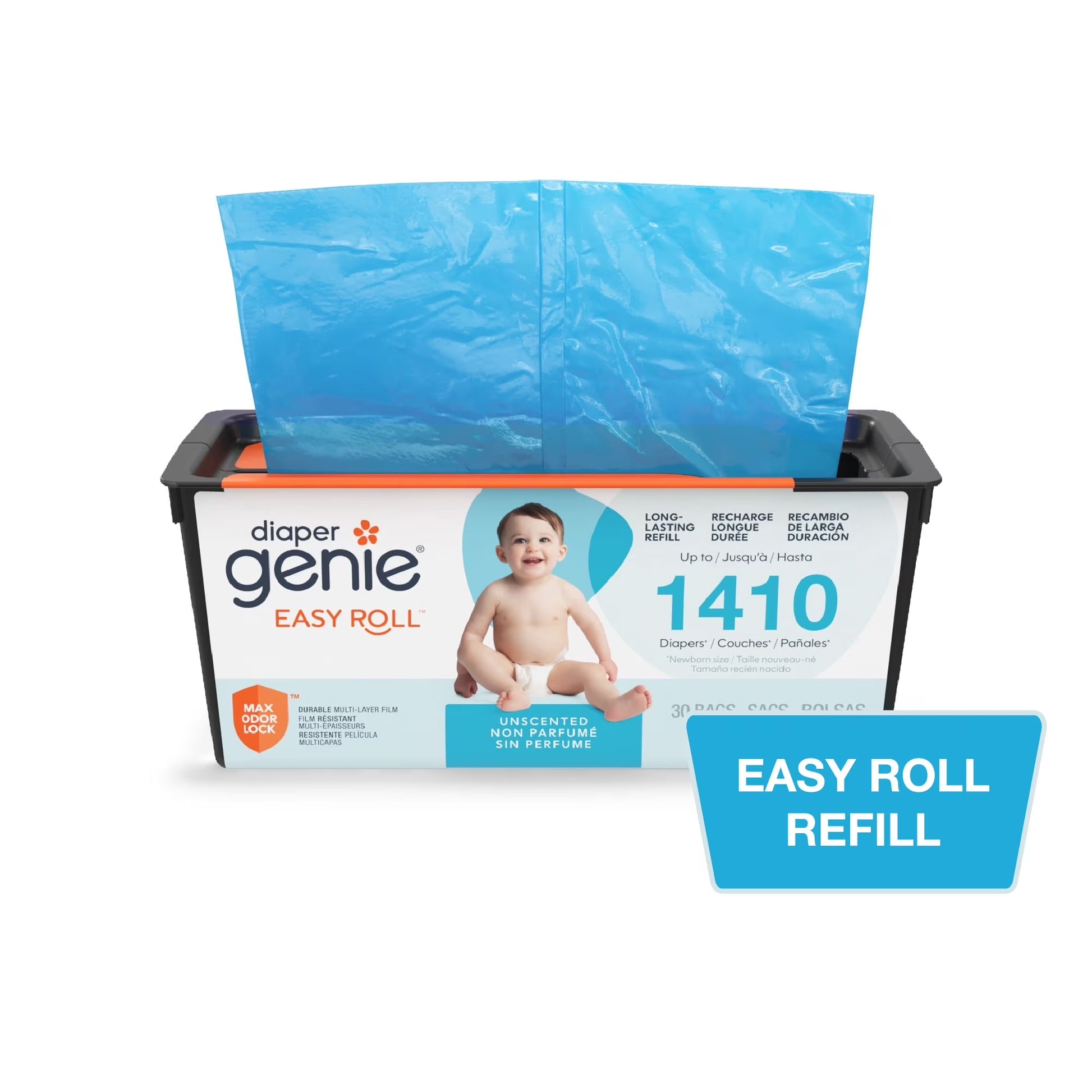 Diaper Pail Easy Roll Refill with 30 Bags, Holds up to 1410 Newborn Diapers