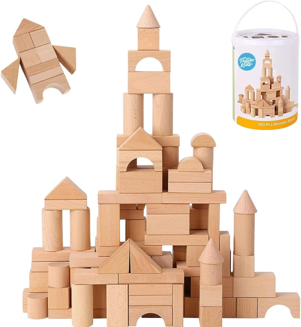 Natural Beech Wood Building Blocks Set - 100 Pieces with Storage Container and Shape Sorter Lid - Educational Stacking Toys for Toddlers and Preschoolers