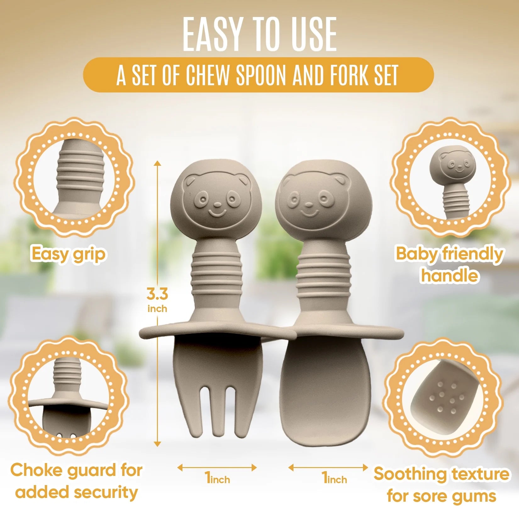 4Pc Silicone Baby Utensils Set, Self-Feeding Spoons & Fork for 6-12 Months, Toddler Essentials (Grey/Beige)