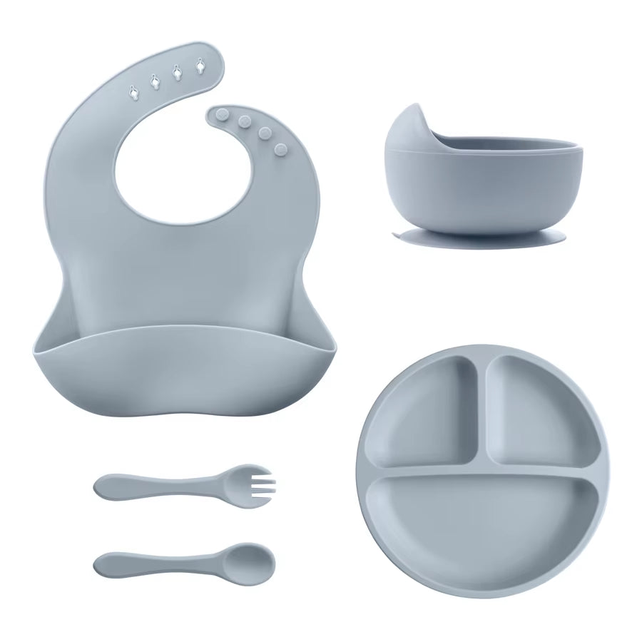5Pcs Baby Silicone Feeding Set round Dining Plate Sucker Bowl Dishes for Kids Waterproof Bib Children'S Tableware Straw Cup