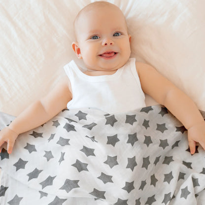 Muslin Organic Cotton Swaddle Blankets 6-Pack for Newborn Infant Boys Girls 27 X 27", Grey Star