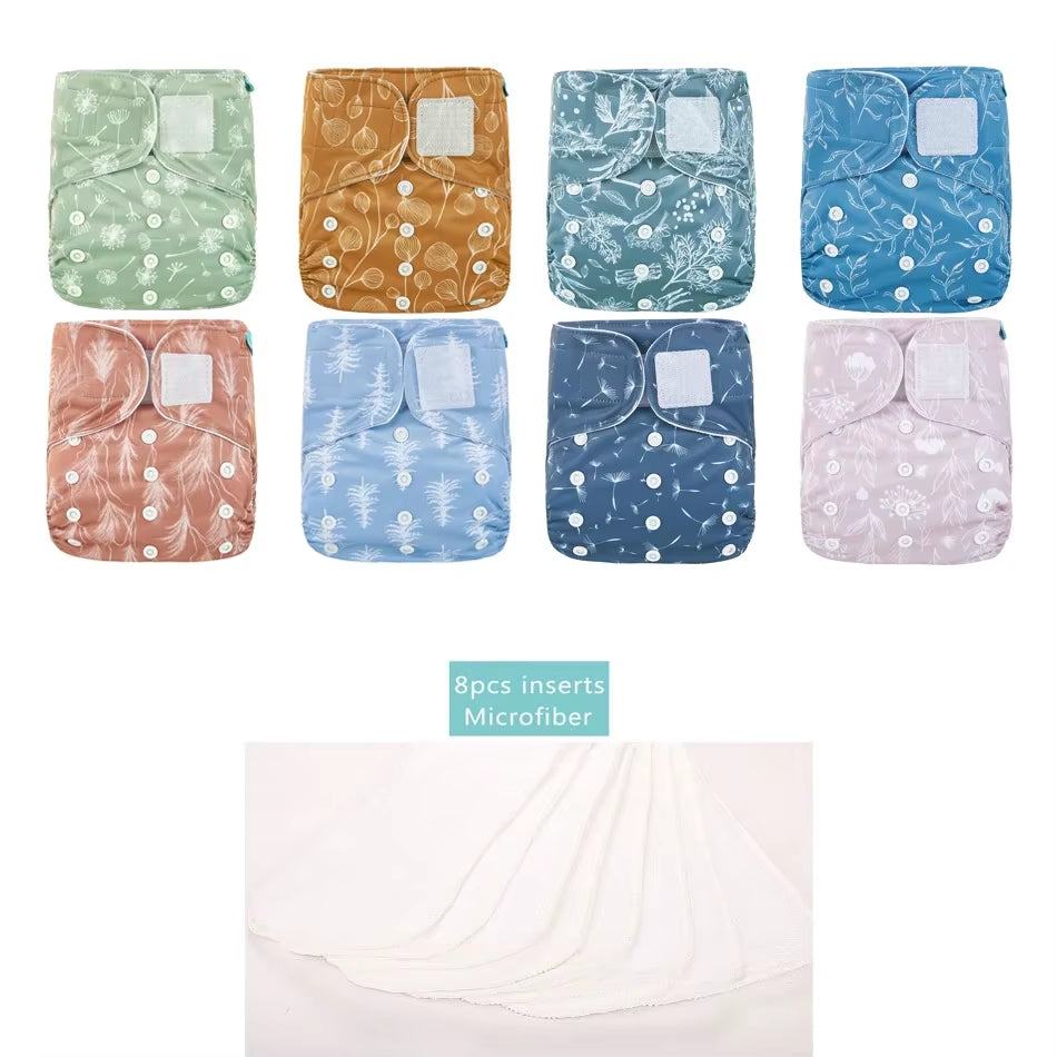 8 Diapers+8 Inserts Baby Cloth Diapers One Size Adjustable Washable Reusable Cloth Nappy for Baby Girls and Boys
