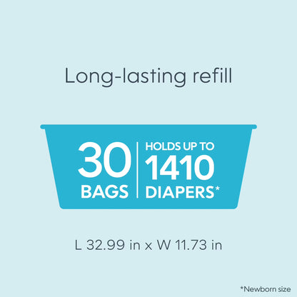 Diaper Pail Easy Roll Refill with 30 Bags, Holds up to 1410 Newborn Diapers