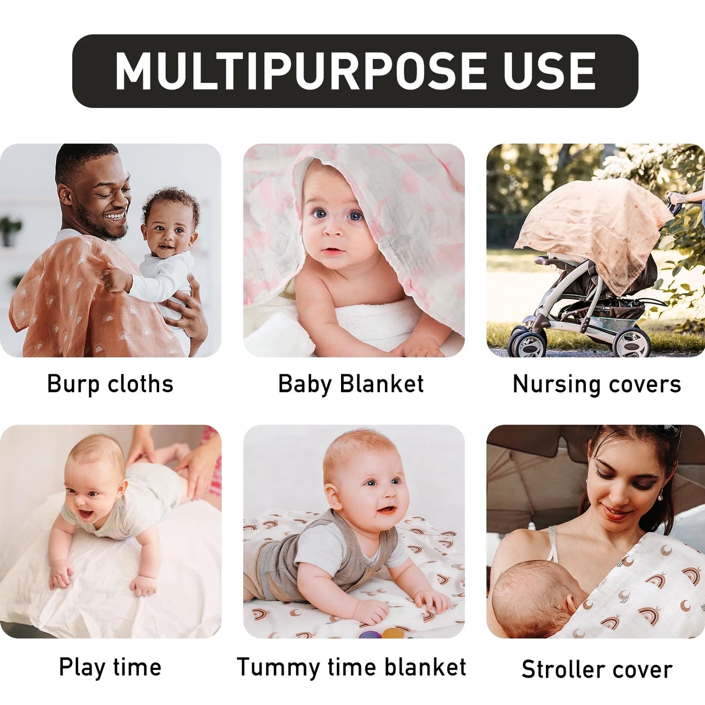 Muslin Organic Cotton Swaddle Blankets 6-Pack for Newborn Infant Girls and Boys, Sun and Moon