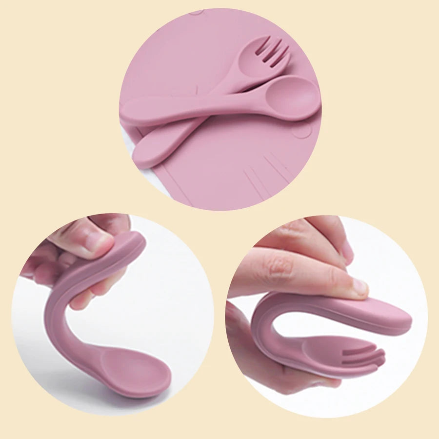 2PCS BPA Free Soft Silicone Spoon Fork Feeding Set Baby Feeding Solid Food Spoon Toddlers Cutlery for Children Tableware