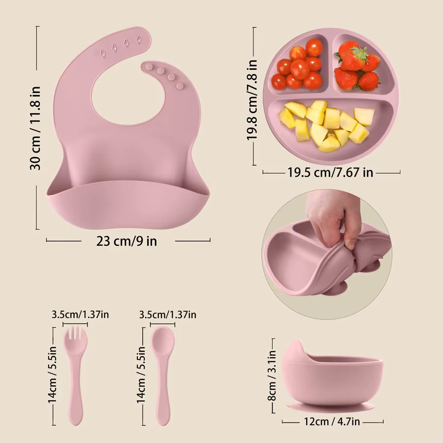5Pcs Baby Silicone Feeding Set round Dining Plate Sucker Bowl Dishes for Kids Waterproof Bib Children'S Tableware Straw Cup