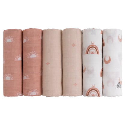 Muslin Organic Cotton Swaddle Blankets 6-Pack for Newborn Infant Girls and Boys, Sun and Moon