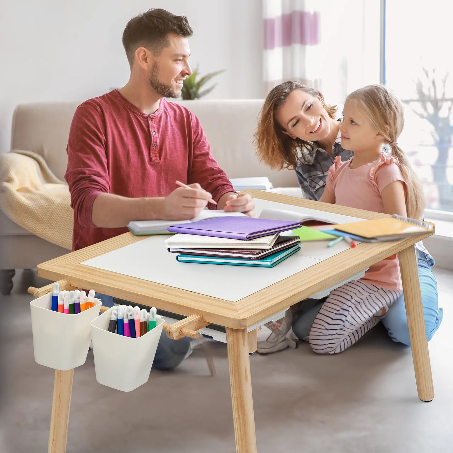 Multifunctional 3-Piece Activity Table and Chair Set for Kids - Beige Daycare Furniture and Lego Table