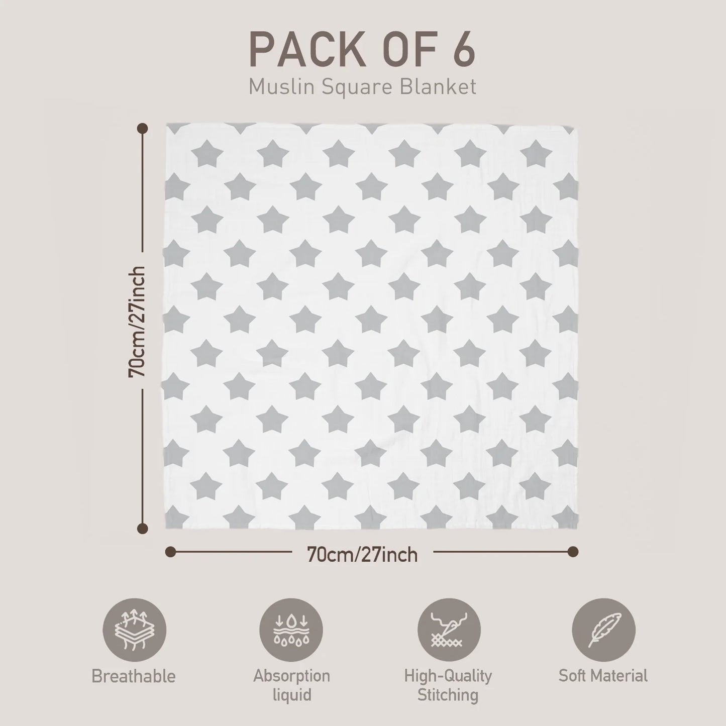 Muslin Organic Cotton Swaddle Blankets 6-Pack for Newborn Infant Boys Girls 27 X 27", Grey Star