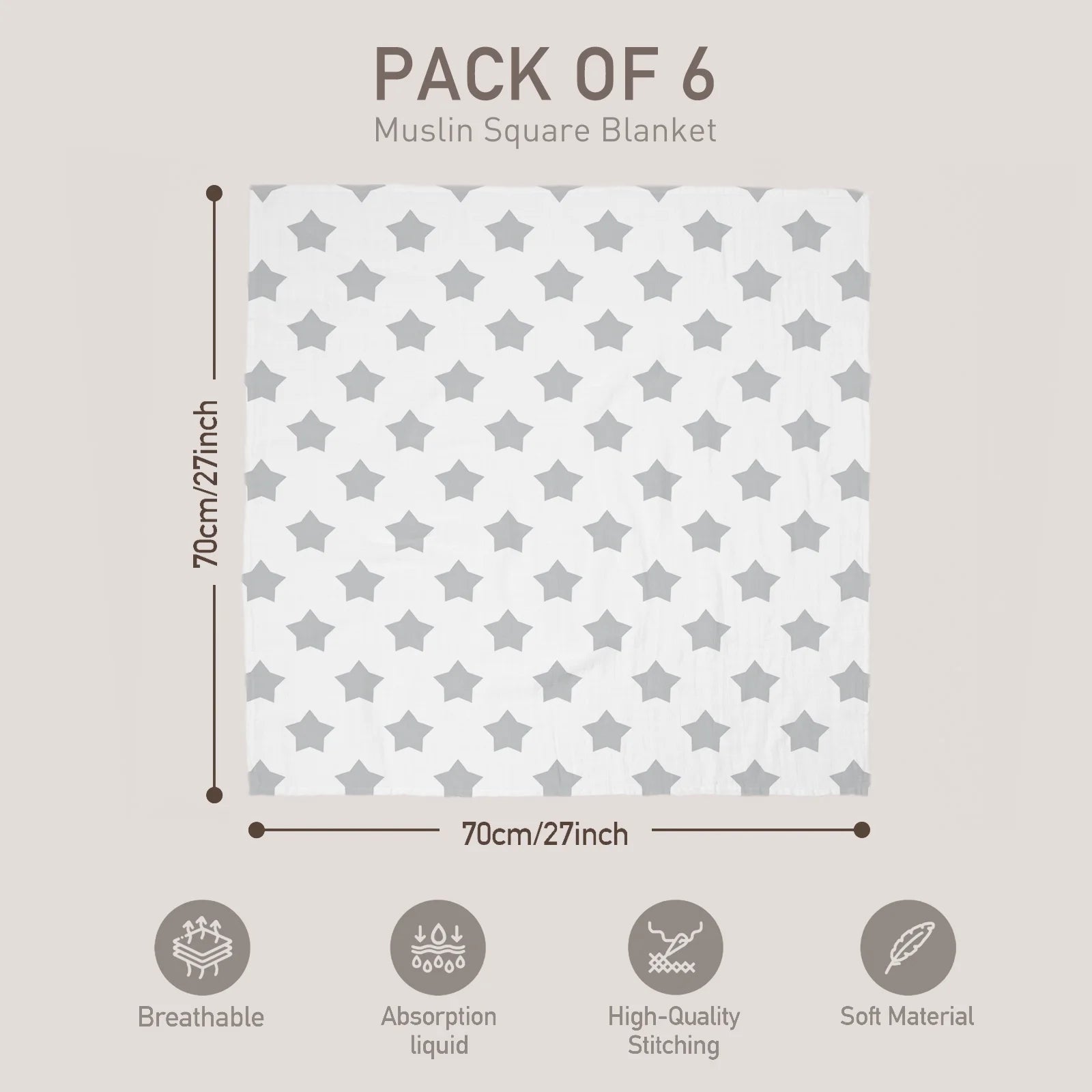 Muslin Organic Cotton Swaddle Blankets 6-Pack for Newborn Infant Boys Girls 27 X 27", Grey Star