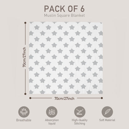 Muslin Organic Cotton Swaddle Blankets 6-Pack for Newborn Infant Boys Girls 27 X 27", Grey Star