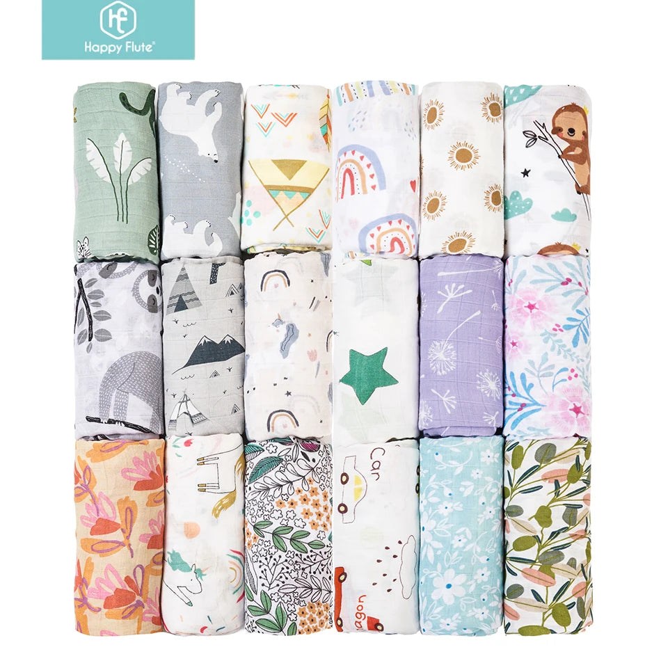 Happy Flute 1Pc 120*110CM Muslin Blanket Newborn Cotton Baby Swaddle Towel Baby Warp Bath Towel Cotton 70%Bamboo+30%Cotton