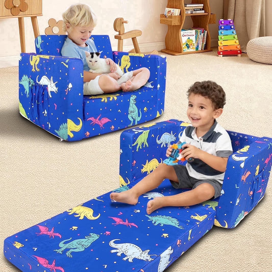 2-in-1 Dinosaur Flip Open Toddler Sofa with Side Pocket, Suitable for Ages 18 Months and Up