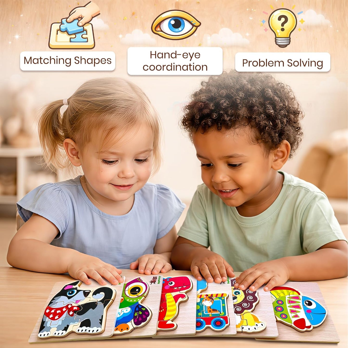 Wooden Puzzles for Toddlers 1-3 – 6XSET Chunky Toddler Puzzles Ages 2-4 – Montessori Animal Toy for Kids 3-5 Year Old – Wood Games Gift for Boys & Girls