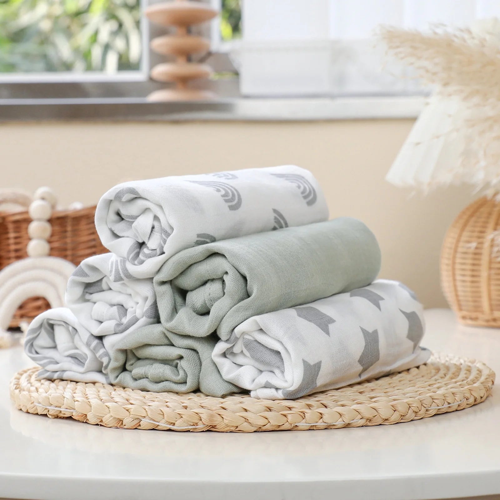 Muslin Organic Cotton Swaddle Blankets 6-Pack for Newborn Infant Boys Girls 27 X 27", Grey Star