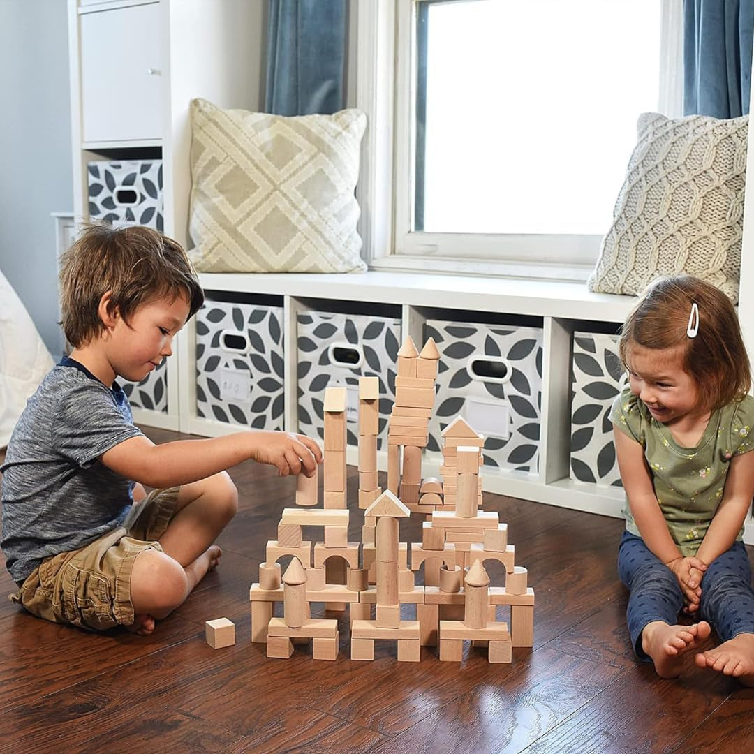 Natural Beech Wood Building Blocks Set - 100 Pieces with Storage Container and Shape Sorter Lid - Educational Stacking Toys for Toddlers and Preschoolers