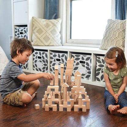 Natural Beech Wood Building Blocks Set - 100 Pieces with Storage Container and Shape Sorter Lid - Educational Stacking Toys for Toddlers and Preschoolers