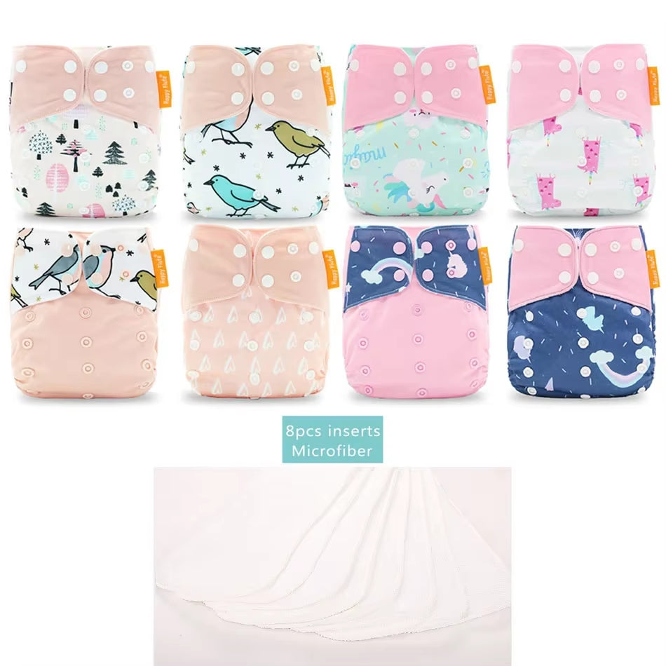 8 Diapers+8 Inserts Baby Cloth Diapers One Size Adjustable Washable Reusable Cloth Nappy for Baby Girls and Boys
