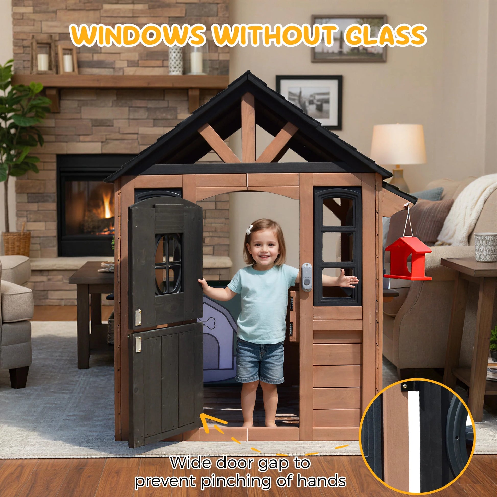 Kids Outdoor Playhouse, Wooden Playhouse with Play Kitchen, Working Doorbell, Bird Cage, Pet Door, Backyard Casa De Campaña Para Niños Country Style