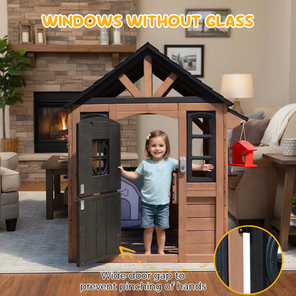 Kids Outdoor Playhouse, Wooden Playhouse with Play Kitchen, Working Doorbell, Bird Cage, Pet Door, Backyard Casa De Campaña Para Niños Country Style