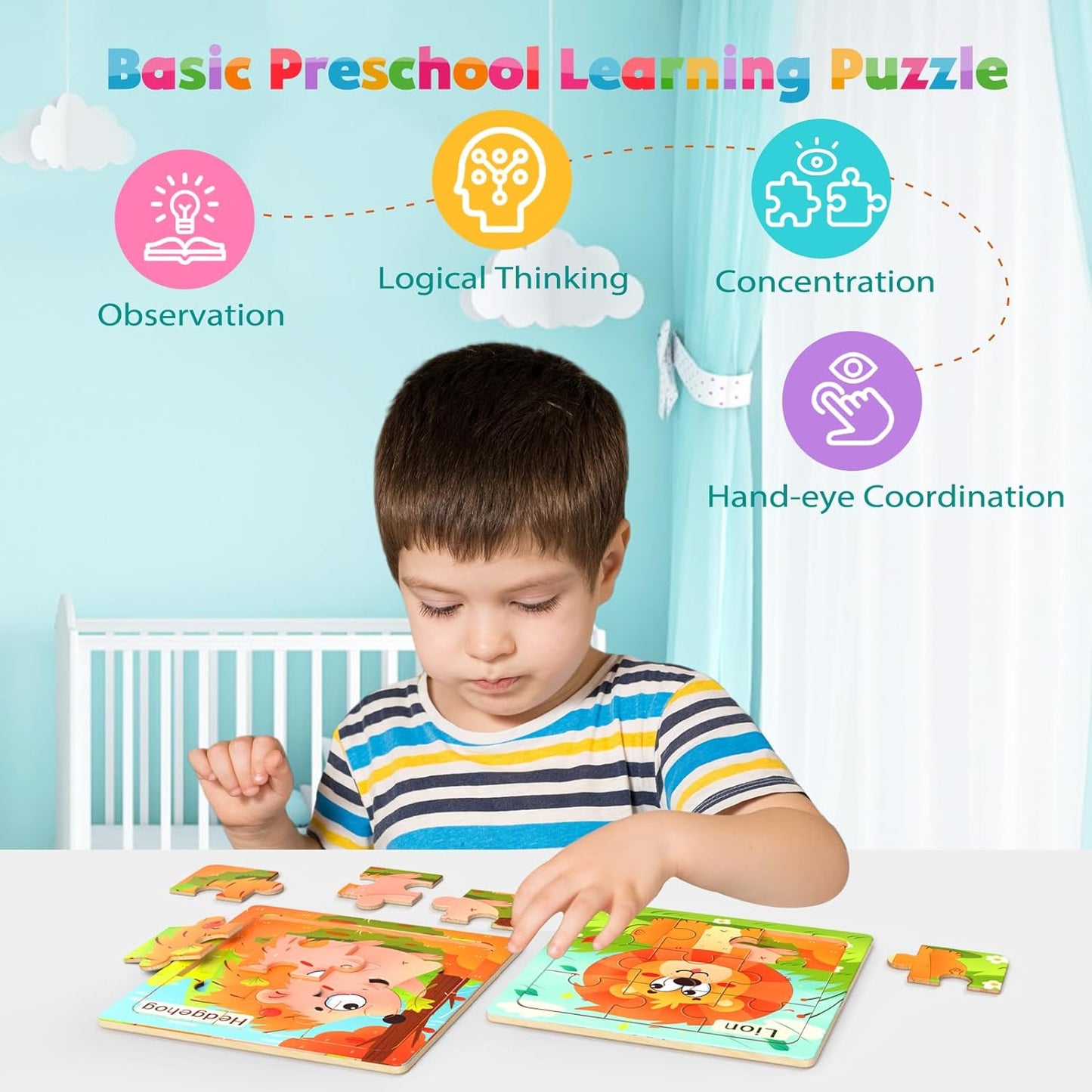 Wooden Puzzles for Toddlers, 8 Pack Animal Jigsaw Puzzles for Kids3-5, 9 Pieces