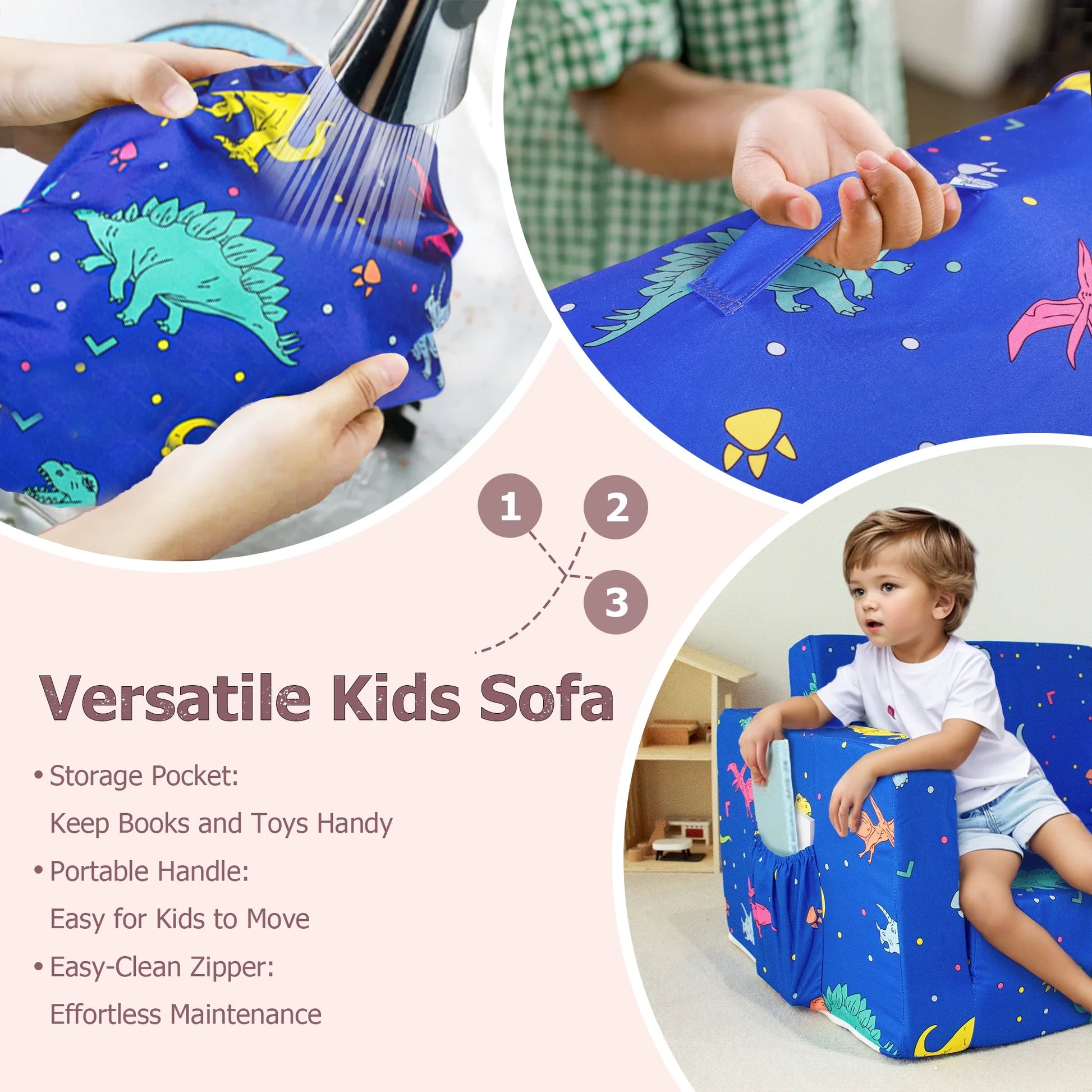 2-in-1 Dinosaur Flip Open Toddler Sofa with Side Pocket, Suitable for Ages 18 Months and Up