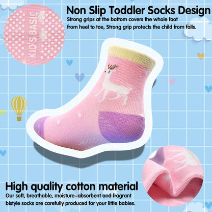 12 Pairs Non-Slip Crew Socks for Baby and Toddler Girls with Grips, Suitable for Ages 0-7 Years