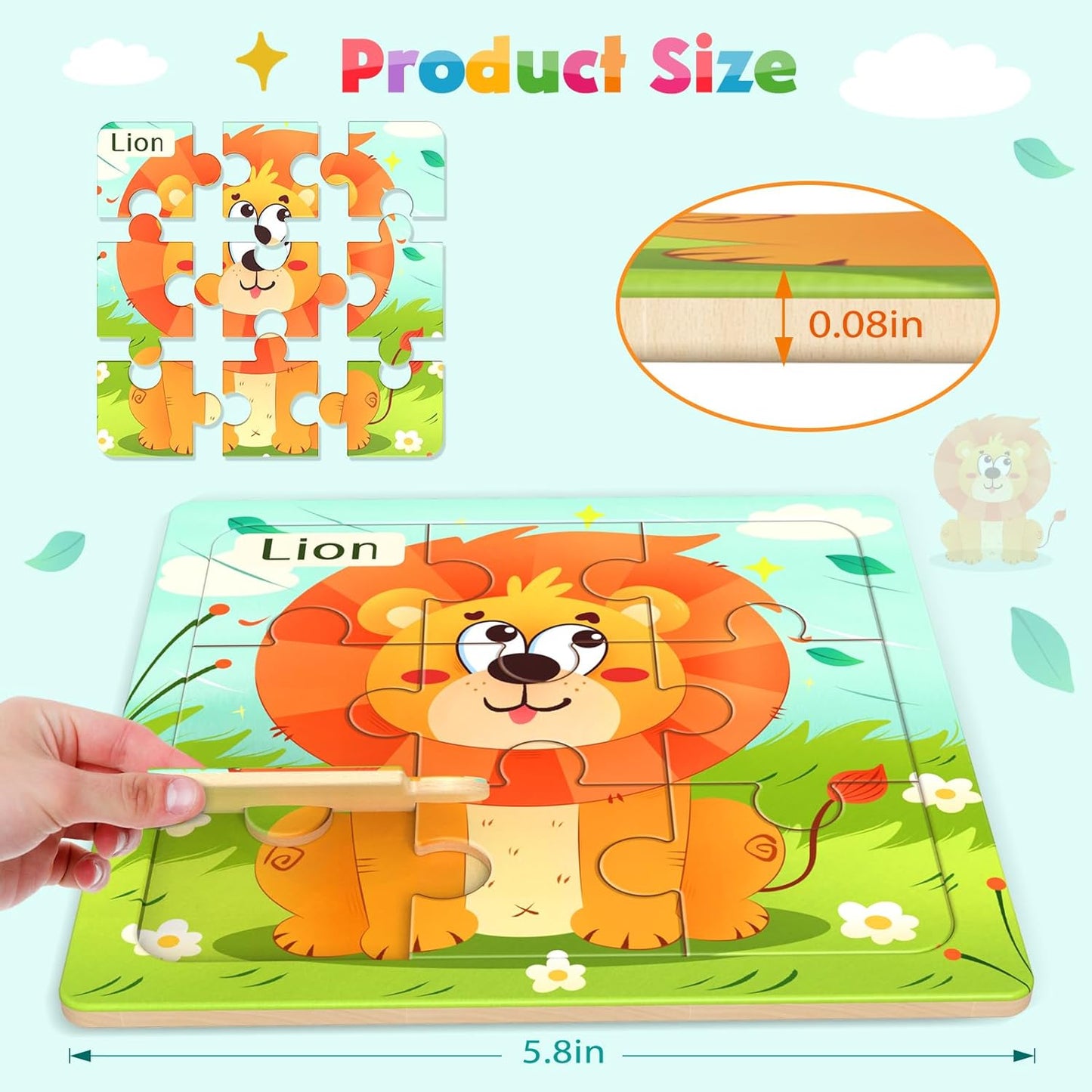 Wooden Puzzles for Toddlers, 8 Pack Animal Jigsaw Puzzles for Kids3-5, 9 Pieces