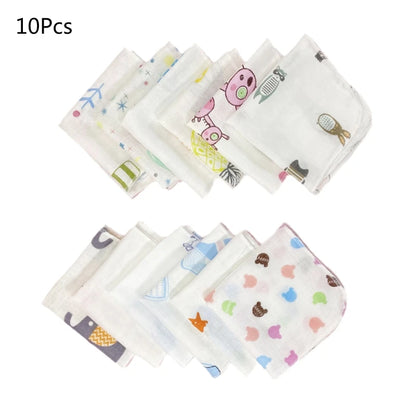10Pcs Baby Washcloths Cartoon Cute Print Double Layer Gauze Infant Face Towel Absorbent Square Burp Cloths Handkerchief Random