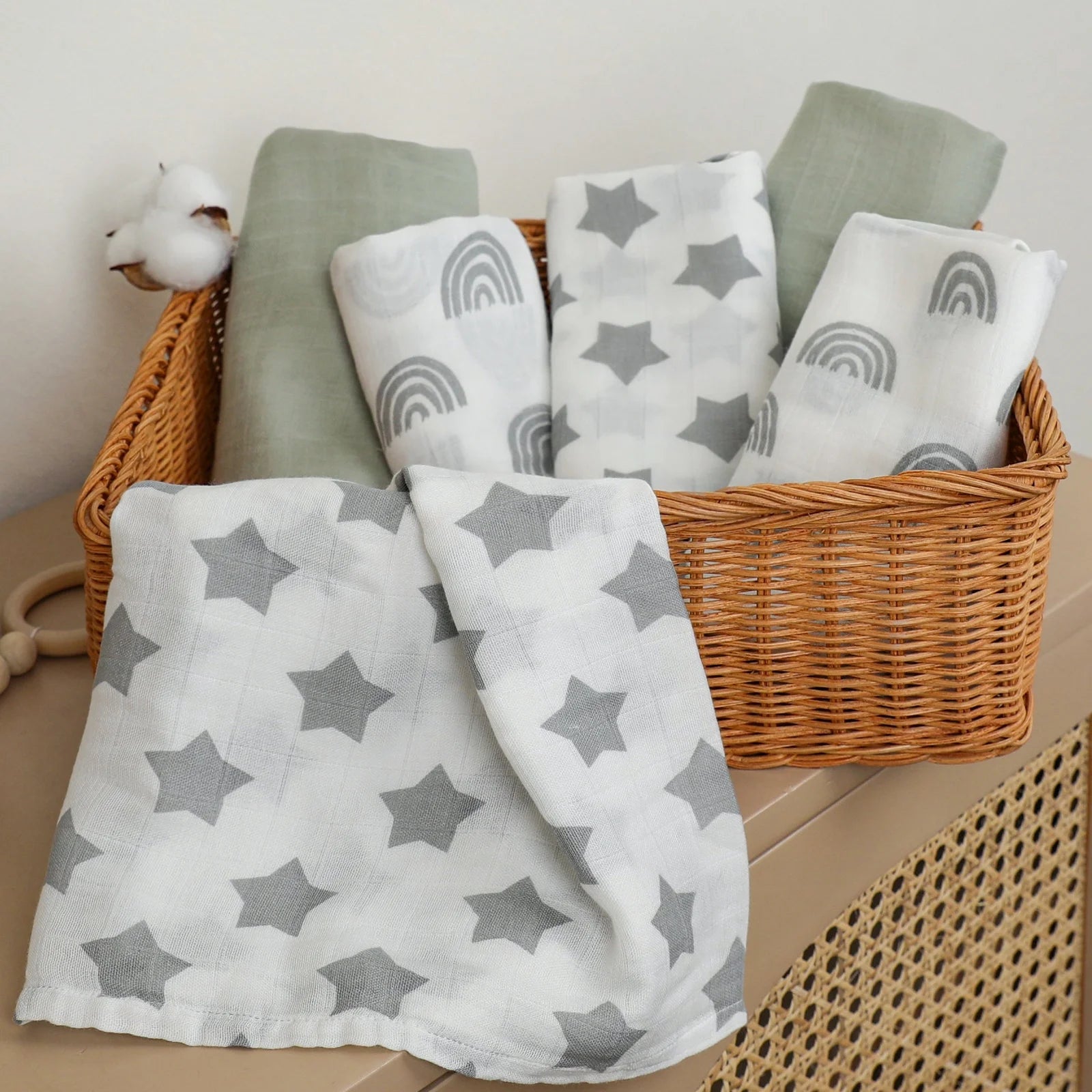 Muslin Organic Cotton Swaddle Blankets 6-Pack for Newborn Infant Boys Girls 27 X 27", Grey Star